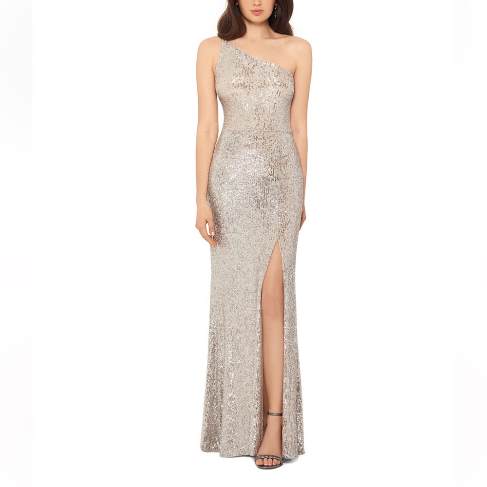 Xscape Nude & Silver One Shoulder Sequins Gown - New With Tag - Reemoly